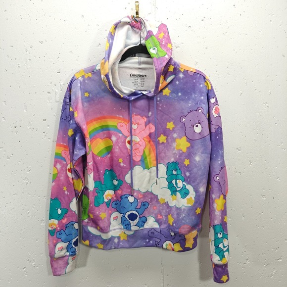 Care Bears Women's Medium Sweatshirt Colorful Full Print Kawaii Cropped Hoodie - Picture 1 of 6